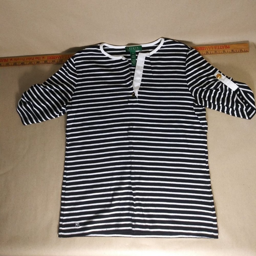 Lauren Ralph Lauren V-Neck Nautical Stripe Blue White Roll Tab Sleeve Size M